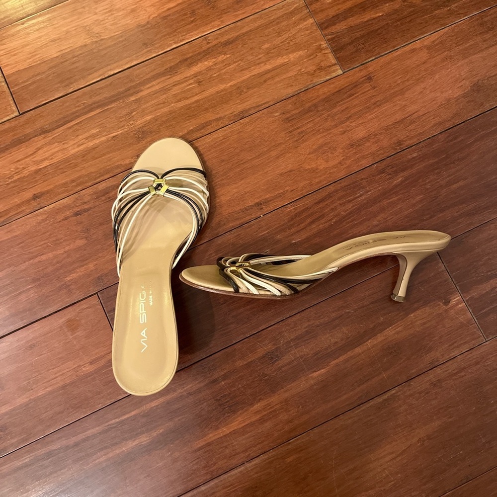 vintage strappy brown kitten heels with gold hardware